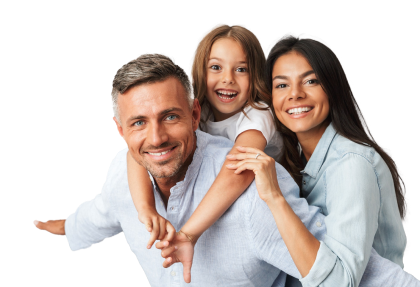 A group photo of a smiling man, woman and child