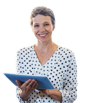 Photo of a smiling woman holding a tablet